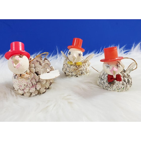 3 Vintage Starry Eyed Red Tophat White Mica Pinecone Bird Christmas Ornaments
