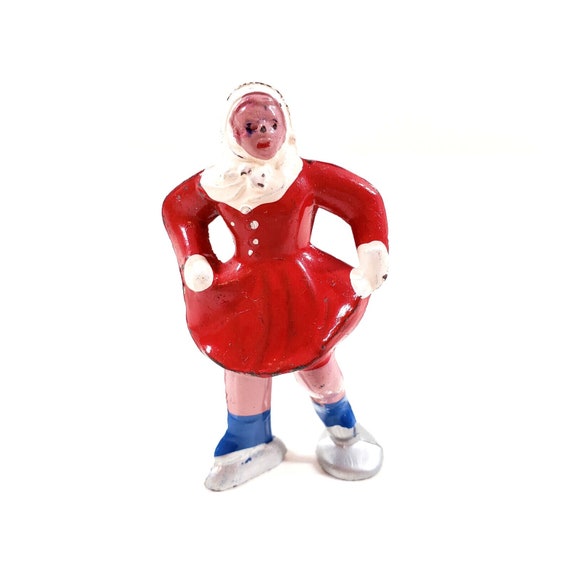 Vintage Barclay Christmas Village Lead Toy Figure Girl Ice Skater Red a
