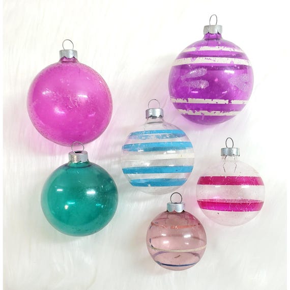 6 Vintage Shiny Brite WWII Unsilvered Stripe Solid Glass Ball Christmas Ornament