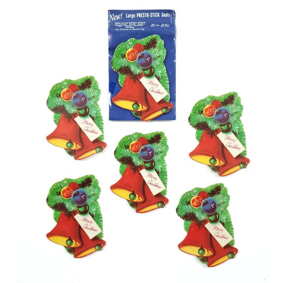 6 Vintage Jumbo Eureka Merry Christmas Cutout Bells Presto-Stick Seals MIP