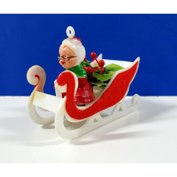 Vintage Mini Plastic Mrs Claus Red Sleigh Christmas Ornament Figurine