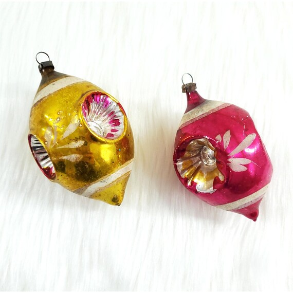 2 Vintage Antique Gold Pink Triple Indent Mercury Glass Christmas Tree Ornaments