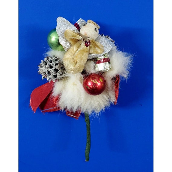 Vintage Rabbit Fur Spun Cotton Angel Mercury Glass Christmas Corsage Pin Brooch
