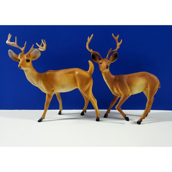 2 Vintage Large Hard Plastic Reindeer Deer Buck 7" Christmas Holiday Figure