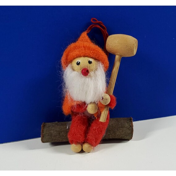 Vintage Woodsman Elf Gnome on Log Wooden Christmas Tree Ornament