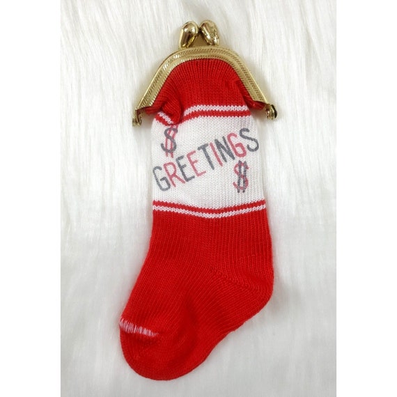 Vintage Seasons Greetings Knit Christmas Stocking Sock Money Gift Coin Purse
