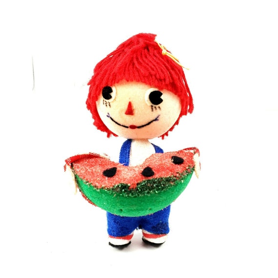 NOS Vintage Japan Felt Raggedy Andy Eating Watermelon Christmas Ornament