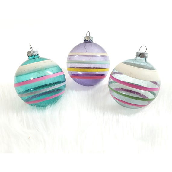 3 Vintage Shiny Brite WWII Unsilvered Stripe Glass Ball Christmas Ornaments