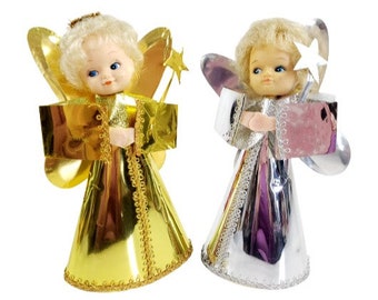 2 Vintage Angel Gold and Silver Foil Dress Christmas Tree Topper Figure Decor