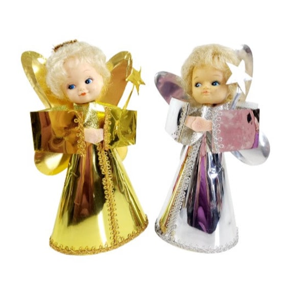 2 Vintage Angel Gold and Silver Foil Dress Christmas Tree Topper Figure Decor