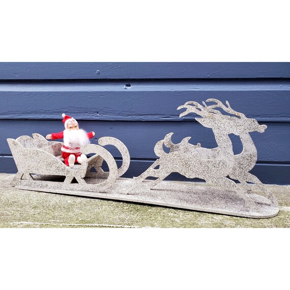 MCM Vintage Wooden Mica Santa Sleigh Sled Reindeer Large Christmas Display 28.5"