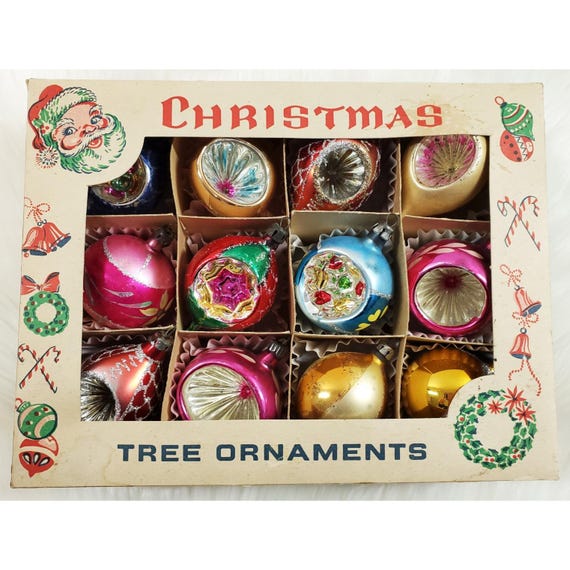 12 Vintage Poland Fantasia Mica Indent Teardrop Ball Glass Christmas Ornaments