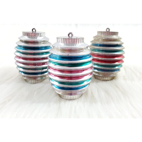 3  Vintage Bradford Hard Plastic Barrel Lantern Unbreakable Christmas Ornaments