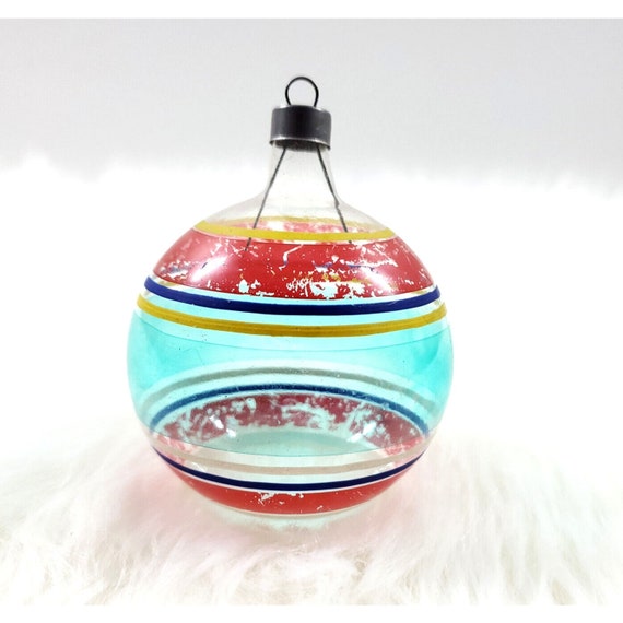 Vintage WWII Premier Unsilvered Red Blue Stripe Glass Ball Christmas Ornament