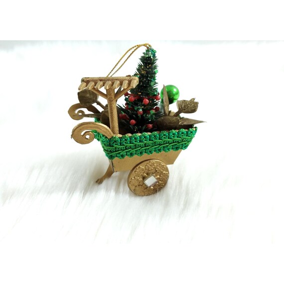 Vintage Plastic Wheelbarrow Rake Tree Gardner Kitsch Christmas Tree Ornament