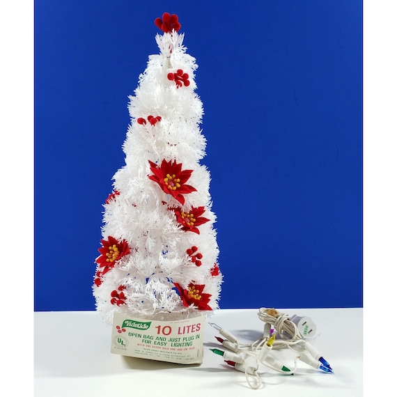 Vintage Yuletide White 10 Lite Poinsettia Plastic Christmas Table Top Tree 15"