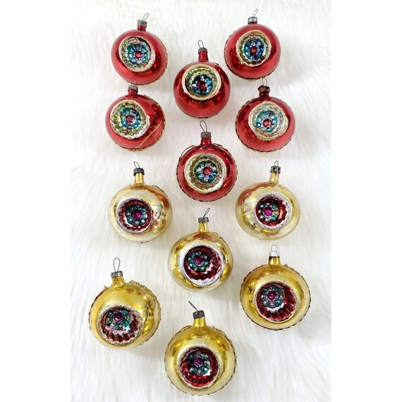 Set of 12 Vintage Gold & Red Indent Glass Ric Rac Christmas Tree Ornaments