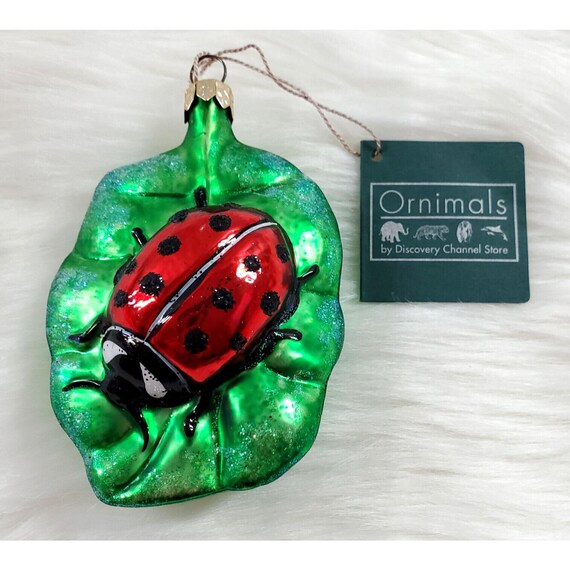 Discovery Channel Ornimanal Blown Glass Lady Bug Leaf Christmas Ornament w Tag