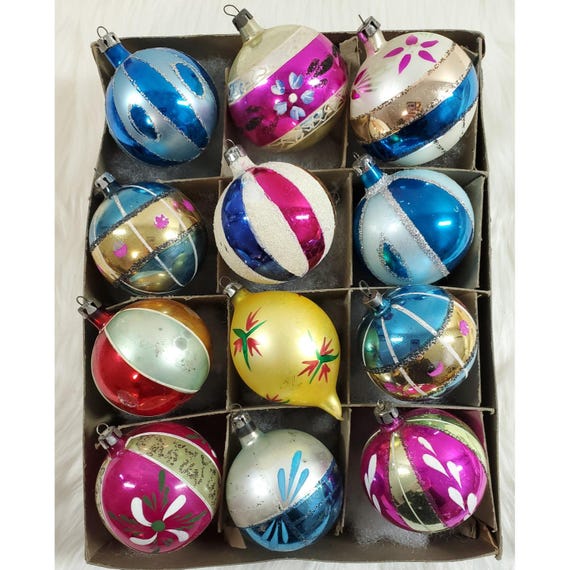 Poland Vintage Box 12 Fantasia Mica Hand Painted Ball Glass Christmas Ornaments