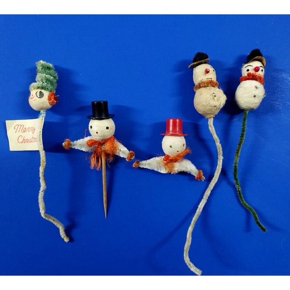 Vintage Lot Spun Cotton Chenille Snowman Christmas Tie On Picks Craft Ornaments