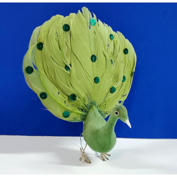 Vintage Green Flocked Feathered Peacock Christmas Ornament With Sequins