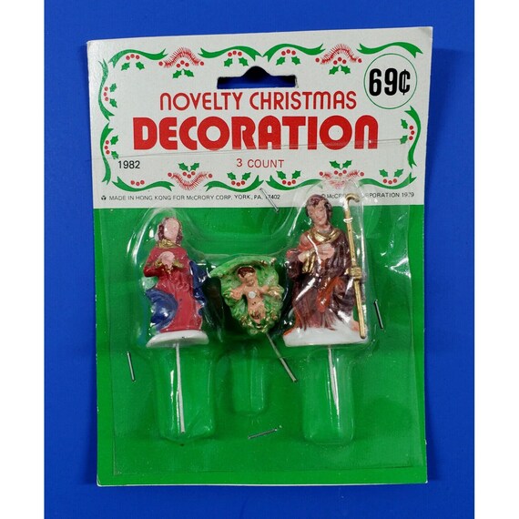 1980s NOS Vintage McCrory Nativity 3 Pc Plastic Pick Christmas Decorations NIP