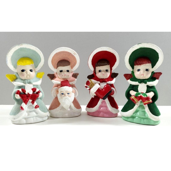 Set 4 Vintage Flocked Ceramic Angel Girl Christmas Figurines Thames Style 6"
