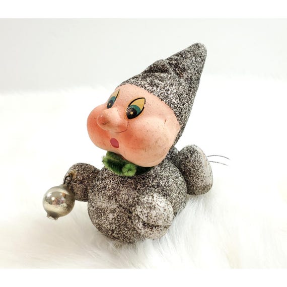 Vintage West Germany Christmas Putz Mica Glitter Candy Container Gnome Elf