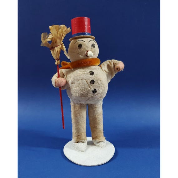 Vintage Early Japan Spun Cotton Mica Snowman w Broom Red Hat Christmas Figure 6"