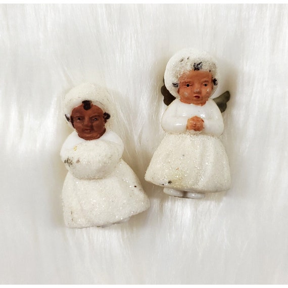 2 Vintage West Germany Plastic Sugar Mica Mini Angel Christmas Ornaments
