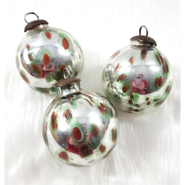 3 Vintage Midwest Kugel Christmas Ornaments Silver Spotted Glass