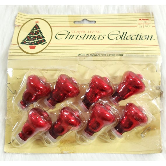 8 Vintage Miniature Red Glass Bell Feather Tree Zayre Christmas Ornaments