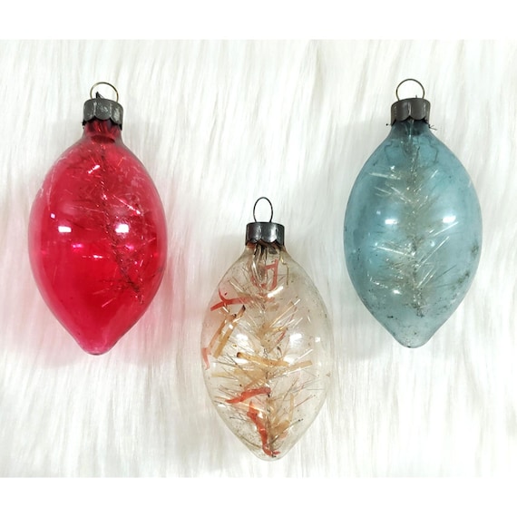 Vintage WW2 Era Unsilvered RWB Patriotic Tinsel Teardrop Glass Christmas Ornaments