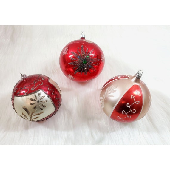 3 Vintage German Jumbo Mica Flower Starburst Glass Ball Christmas Ornaments 4"