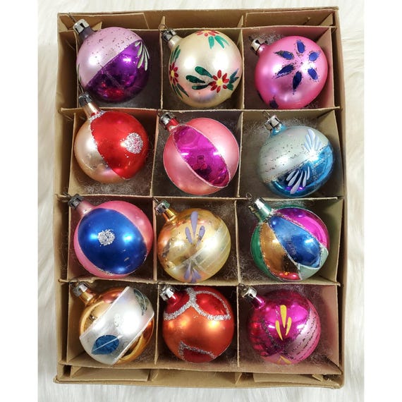 12 Vintage Poland Fantasia Mica Ball Stripe Glass Christmas Ornaments
