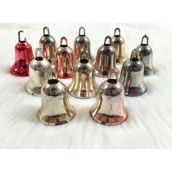 12 Vintage Miniature Feather Tree Plastic Bell Christmas Ornaments 1"