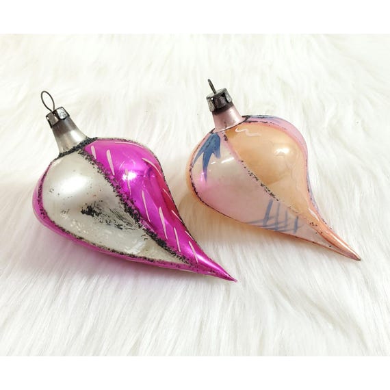 2 Vintage Poland Fantasia Mica Droplet Teardrop Glass Christmas Ornaments 4"