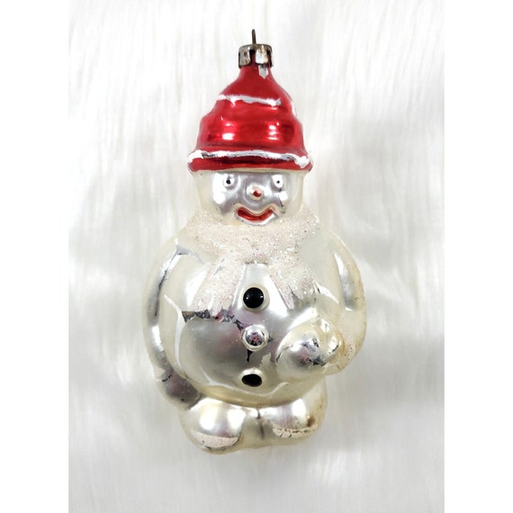 Vintage Poland Figural Snowman Red Hat Mica Glass Christmas Tree Ornament