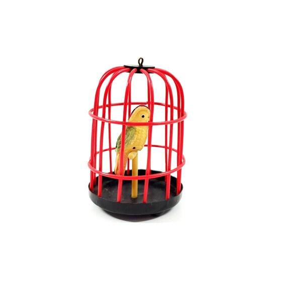 Vintage Japan Celluloid Bird in Bird Cage Miniature Dollhouse Ornament 1.5"