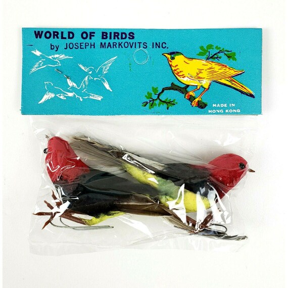 Vintage NOS World of Bird Joseph Markovits 2 Black Red Yellow Feather Christmas