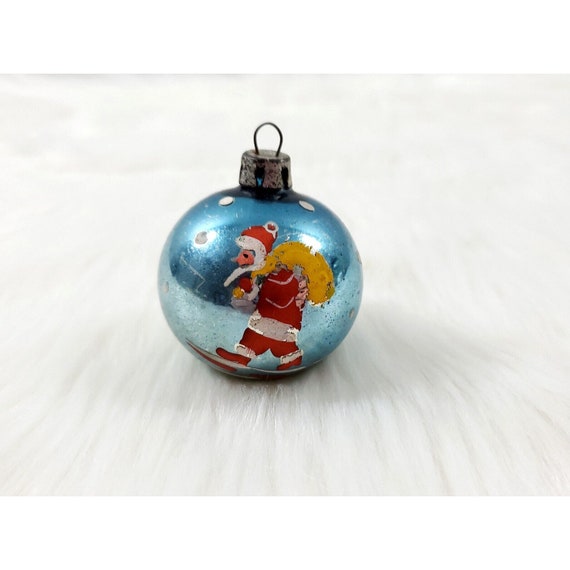 Vintage Mini 2" Poland Hand Painted Santa Dot Ball Blue Christmas Glass Ornament