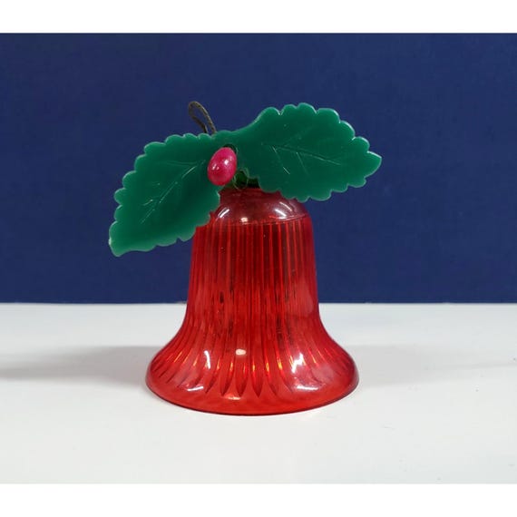 Vintage Mid Century Hard Plastic Red Bell w Mistletoe Christmas Ornament