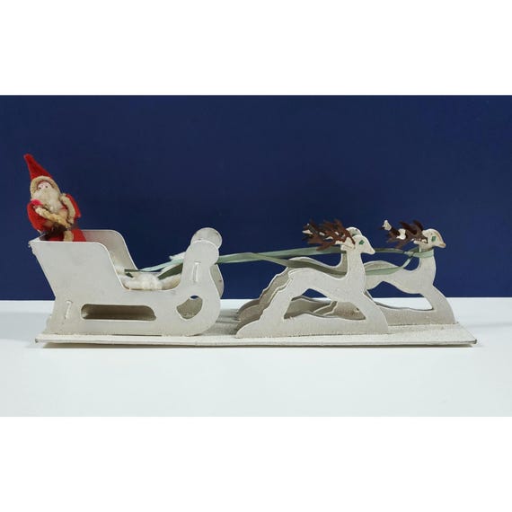 Vintage Putz Mica Christmas Paper Mache Santa Sleigh Reindeer Metal Antlers