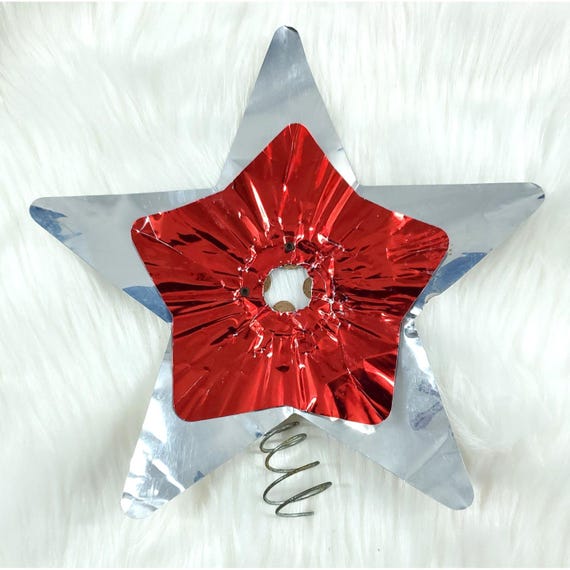 Vintage Doubl-Glo Silver Red Aluminum Reflector Star Christmas Tree Topper