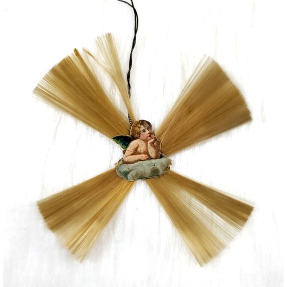 Antique Victorian German Scrap Angel on Spun Glass Christmas Ornament