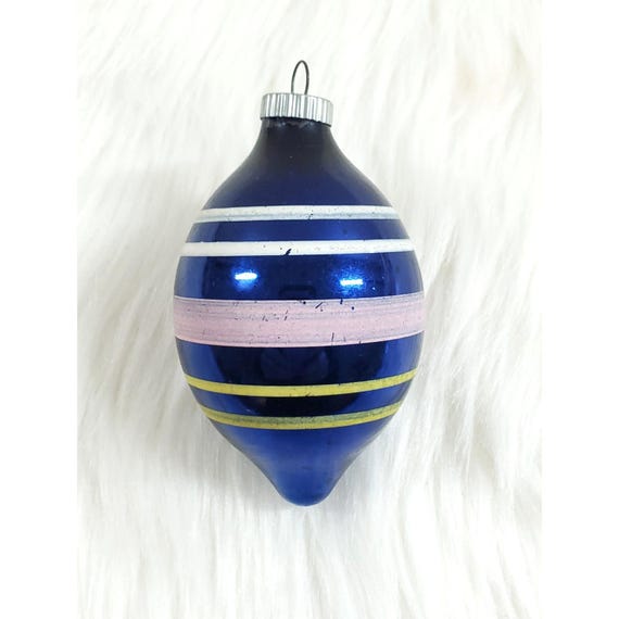 Vintage Shiny Brite USA Blue Pink Stripe Bulb Teardrop Mercury Glass Ornament
