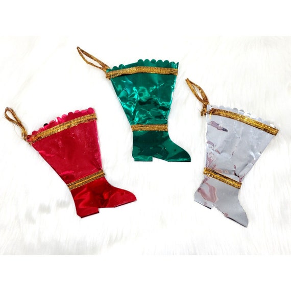 3 Vintage Metallic Foil Santa Boot Christmas Candy Container Holder Ornament
