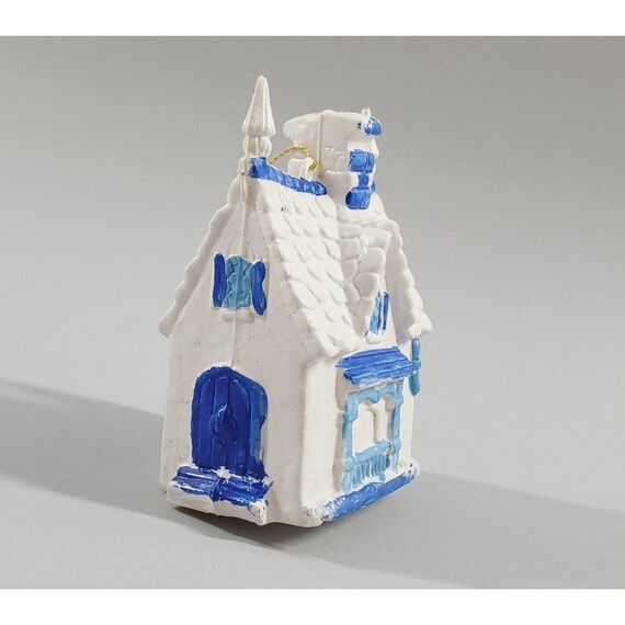 Vintage Blow Mold Plastic White Blue Church Kitsch Christmas Tree Ornament
