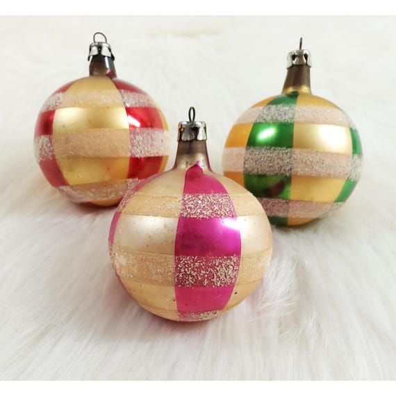 3 Vintage Poland Striped Plaid Mica Green Pink Glass Ball Christmas Ornaments