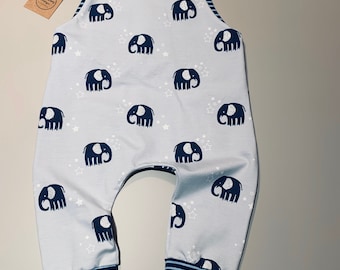 Elephant glitter dungarees / romper, baby toddler, with stripy trim handmade, gender neutral
